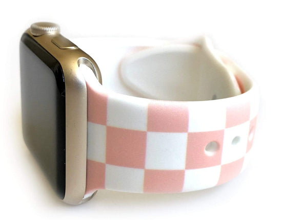 This sporty light pink and white checkerboard silicone apple watch band is the must have band of the season! Looks great on men, women and children. Sizes: Small/Medium will fit wrist size 5”-7.5” Medium/Large will fit wrist sizes 6”-8.25”