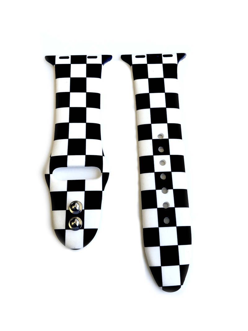 This sporty black and white checkerboard silicone apple watch band is the must have band of the season! Looks great on men, women and children. Sizes: Small/Medium will fit wrist size 5”-7.5” Medium/Large will fit wrist sizes 6”-8.25”