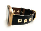 Beautiful black top grain genuine leather watch band. This watch band features a stainless steel buckle and is adorned with three metal studs on each side. Stud color choices include Silver, Gold, and Rose Gold. Studs are square shaped and slightly raised in the center giving them a pyramid shape. This watch band features a quick release spring bar and is a perfect fit for the Fitbit Versa watch.