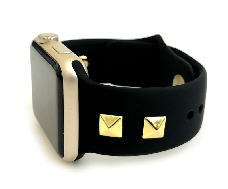 Studded silicone Apple Watch bands. These fit all series of Apple Watch band and fit in both sizes of Apple Watch.  Sizing: S/M : fits 4” up to 7” M/L: fits 6" up to 8"  Colors include: black w/ gold, black w/ silver, black w/ rose gold, pink w/ gold,  white w/ rose gold, mint w/ gold Please measure your wrist size before purchasing.