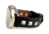 Beautiful black top grain genuine leather studded watch band. This watch band features a stainless steel buckle and is adorned with three metal studs on each side. Stud color choices include Silver, Gold, and Rose Gold. Studs are square shaped and slightly raised in the center giving them a pyramid shape. This watch band features a quick release spring bar and is a perfect fit for the Samsung watch. 