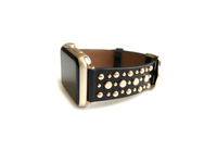 Beautiful BLACK top grain genuine LEATHER, STUDDED Apple Watch Band. This watch band features a stainless steel buckle and is adorned with several flat circular studs. Stud color choices include Silver, Gold, and Rose Gold.  This watch band fits all series of Apple Watches. Comes in sizes 38/40 and 42/44