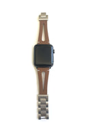 This BROWN genuine leather strap was designed for men and women. This strap splits down the middle giving it the appearance of two straps. Dress this strap up or dress it down to fit your perfect look.  This Apple Watch Band fits all apple series watches sized 38/40 and 42/44mm.  Fits wrist sizes 5.5"-8"  features stainless steel adjustable connectors for true fit.