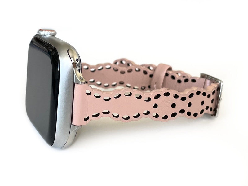 Scalloped Lace, Silver Laser Cut Leather Watch Band for Apple Watch