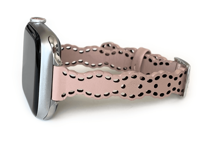 Scalloped Lace, Silver Laser Cut Leather Watch Band for Apple Watch