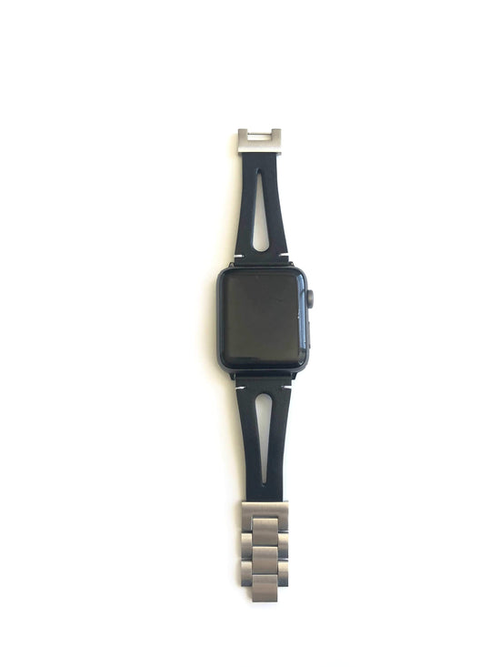 This black genuine leather strap was designed for men and women. This strap splits down the middle giving it the appearance of two straps. Dress this strap up or dress it down to fit your perfect look.  This Apple Watch Band fits all apple series watches sized 38/40 and 42/44mm.  Fits wrist sizes 5.5"-8"  features stainless steel adjustable connectors for true fit.