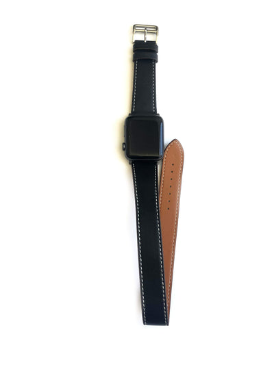 Men's and Women's black genuine leather strap. Leather strap contains white stitching around entire outer edge. Strap is designed to wrap around the wrist twice creating a solid cuff look.  This Apple Watch Band fits all apple series watches sized 42/44mm.  Fits wrist sizes 6.5"-8"