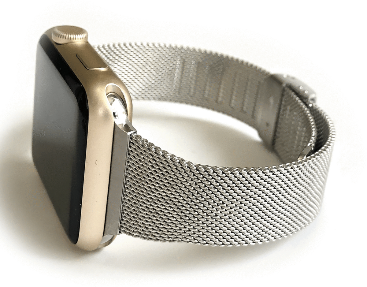 Stainless Steel Mesh Apple Watch Band. Made narrow for a more feminine look. Fits wrist sizes 5.5"-7.5" One size connector fits Apple watch sizes 38mm/40mm/42mm & 44mm Available in Gold, Rose Gold, and Silver