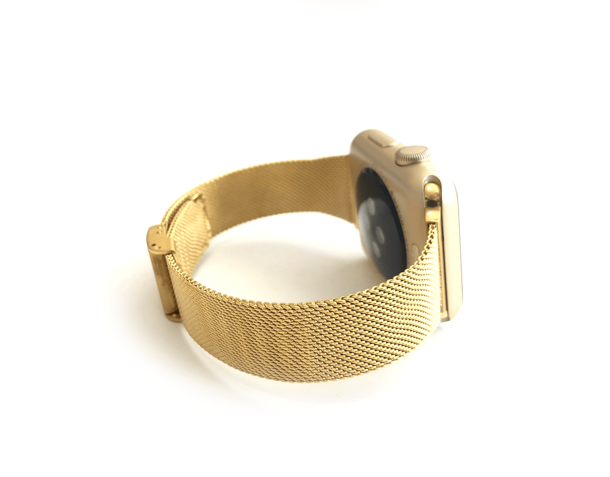 Stainless Steel Mesh Apple Watch Band. Made narrow for a more feminine look. Fits wrist sizes 5.5"-7.5" One size connector fits Apple watch sizes 38mm/40mm/42mm & 44mm Available in Gold, Rose Gold, and Silver