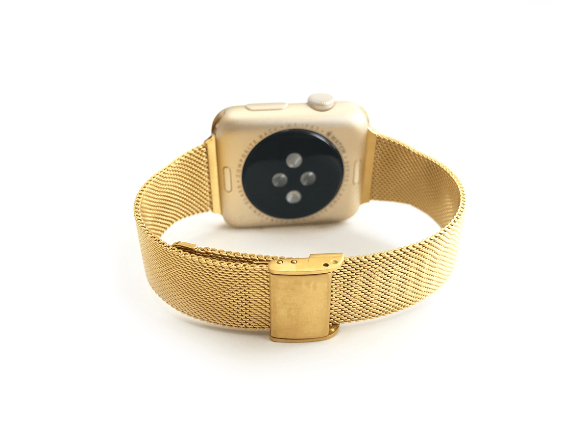Stainless Steel Mesh Apple Watch Band. Made narrow for a more feminine look. Fits wrist sizes 5.5"-7.5" One size connector fits Apple watch sizes 38mm/40mm/42mm & 44mm Available in Gold, Rose Gold, and Silver