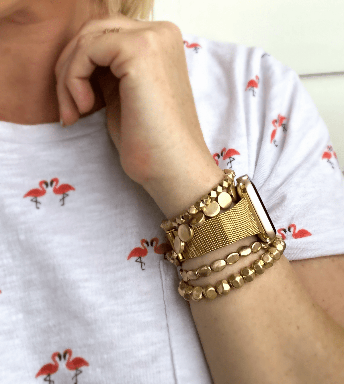 Stainless Steel Mesh Apple Watch Band. Made narrow for a more feminine look. Fits wrist sizes 5.5"-7.5" One size connector fits Apple watch sizes 38mm/40mm/42mm & 44mm Available in Gold, Rose Gold, and Silver