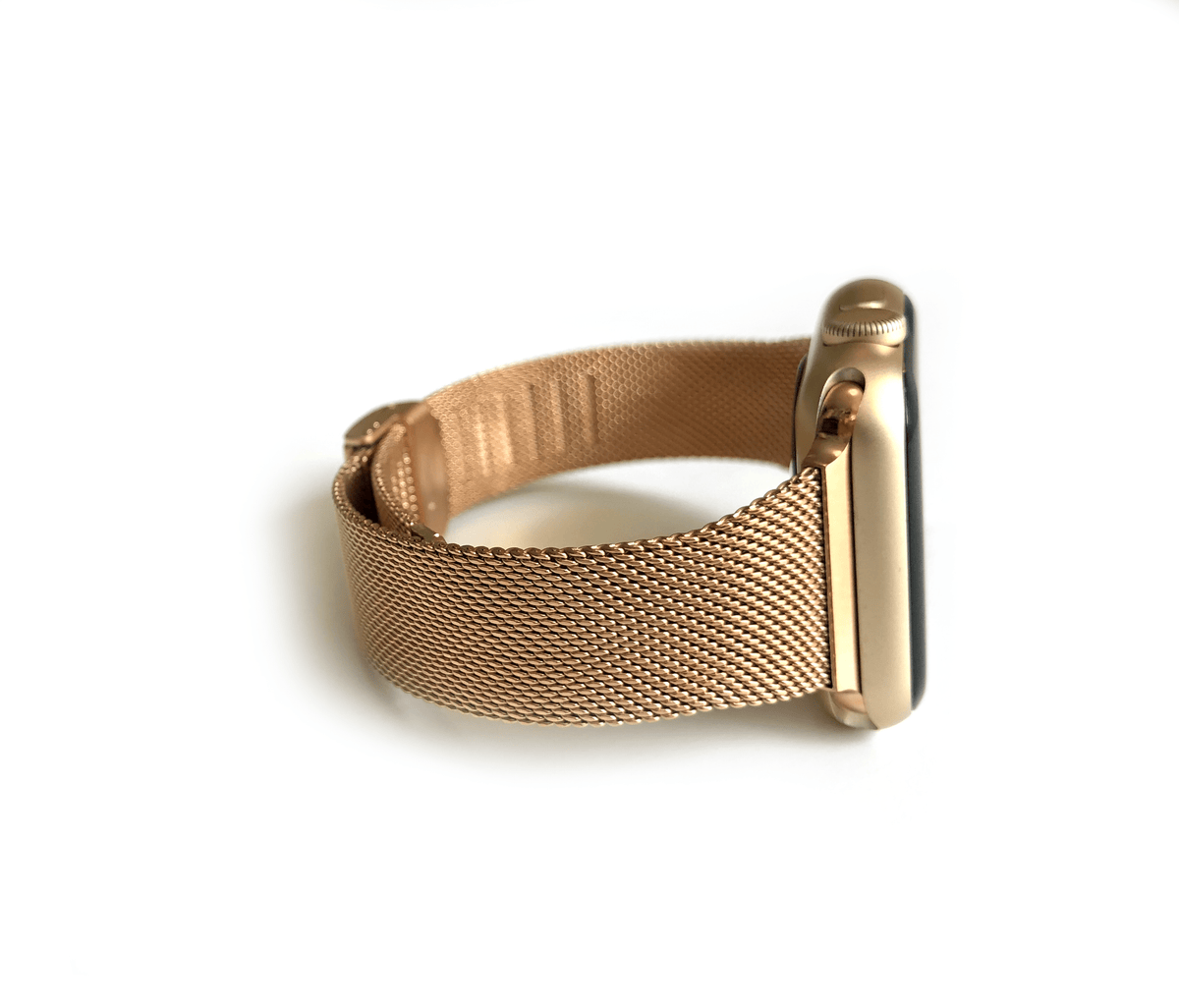Stainless Steel Mesh Apple Watch Band. Made narrow for a more feminine look. Fits wrist sizes 5.5"-7.5" One size connector fits Apple watch sizes 38mm/40mm/42mm & 44mm Available in Gold, Rose Gold, and Silver
