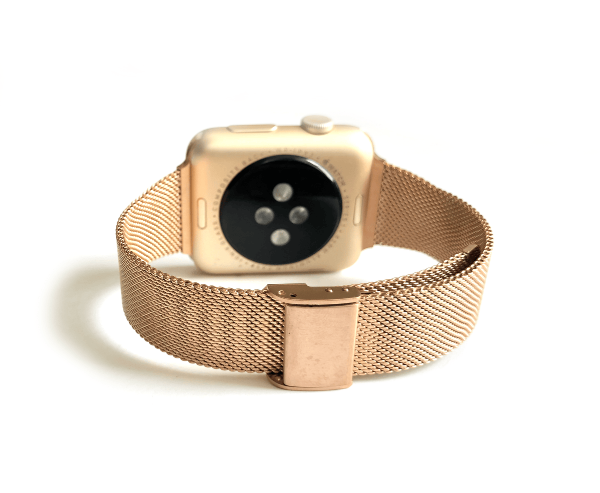 Stainless Steel Mesh Apple Watch Band. Made narrow for a more feminine look. Fits wrist sizes 5.5"-7.5" One size connector fits Apple watch sizes 38mm/40mm/42mm & 44mm Available in Gold, Rose Gold, and Silver