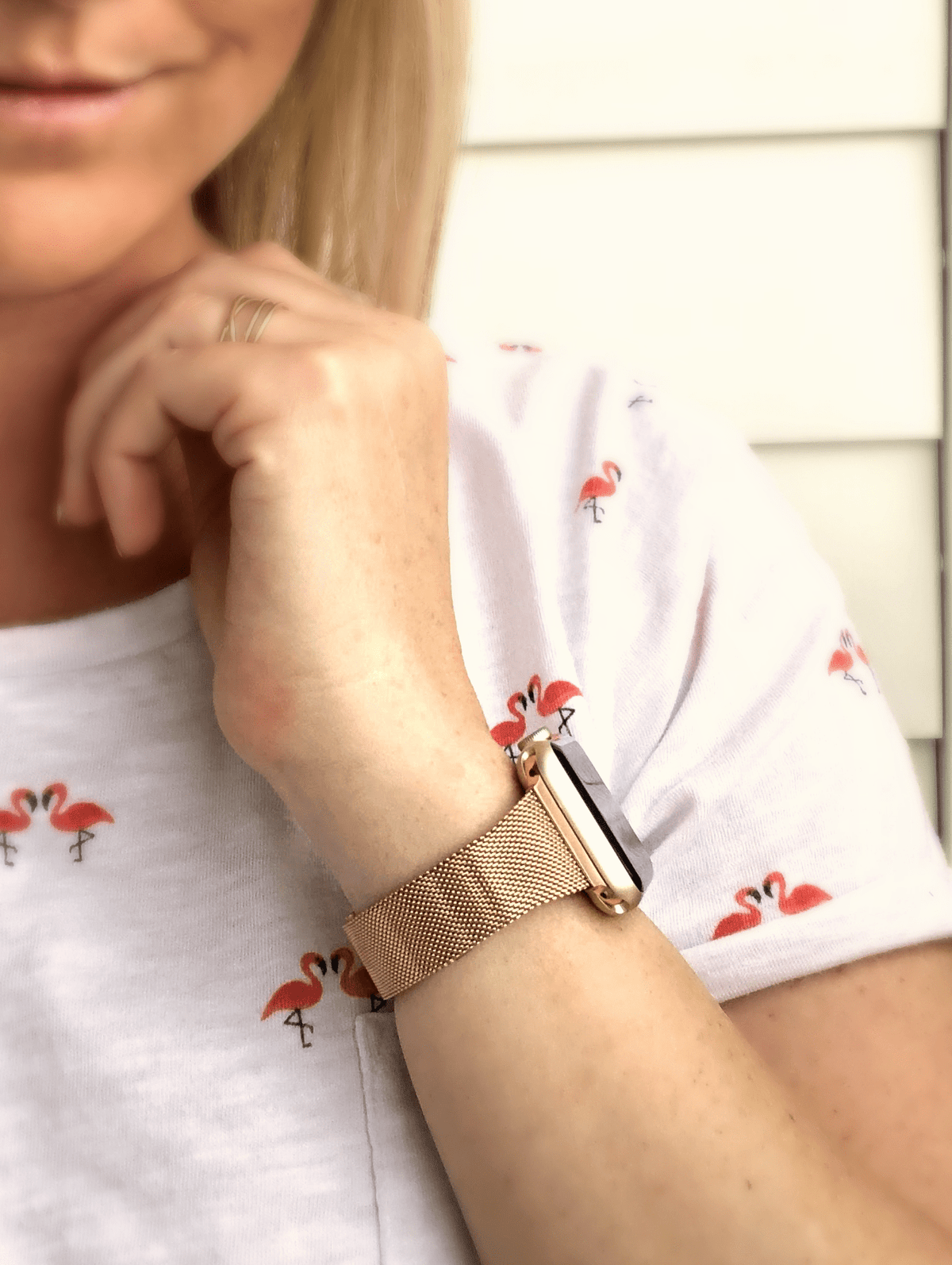 Stainless Steel Mesh Apple Watch Band. Made narrow for a more feminine look. Fits wrist sizes 5.5"-7.5" One size connector fits Apple watch sizes 38mm/40mm/42mm & 44mm Available in Gold, Rose Gold, and Silver