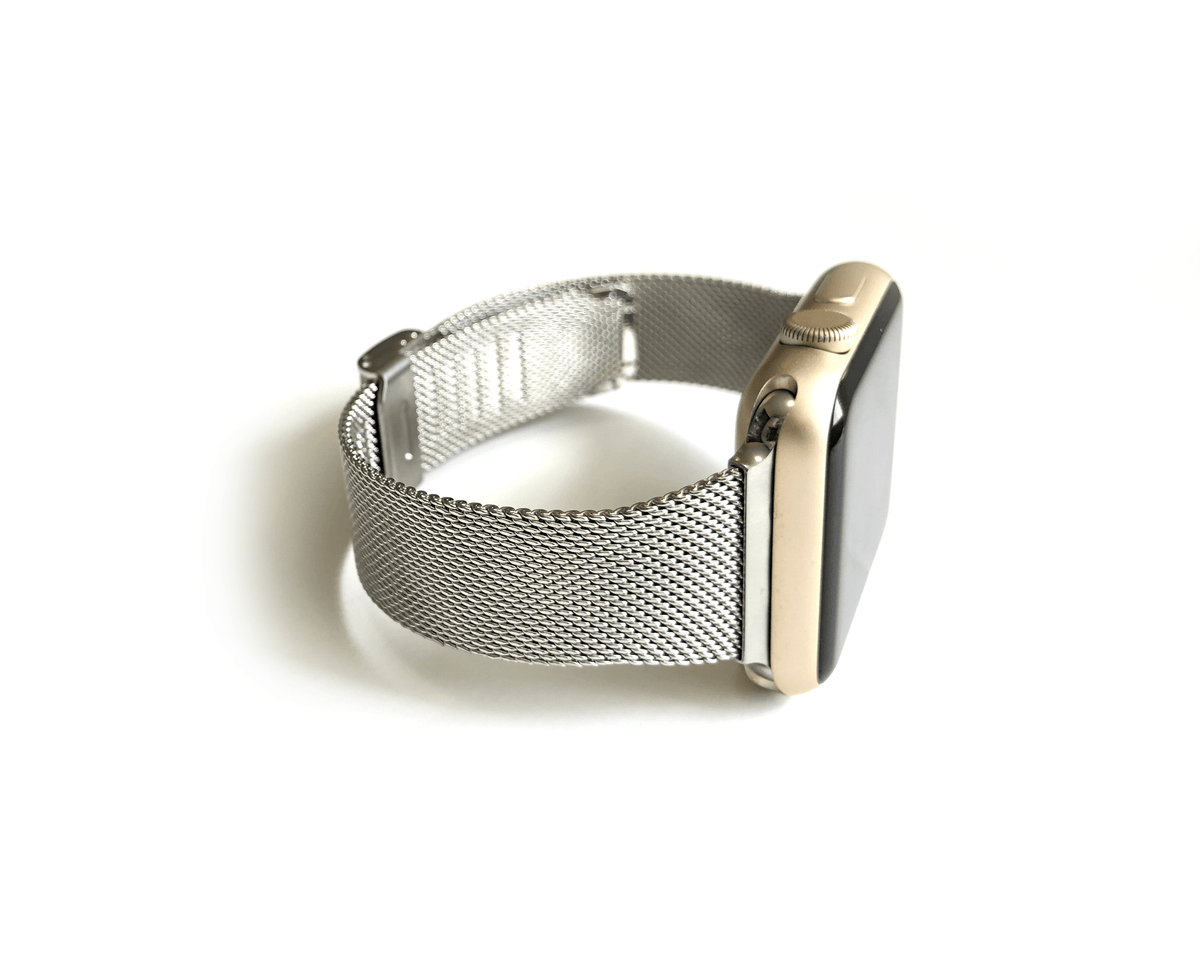 Stainless Steel Mesh Apple Watch Band. Made narrow for a more feminine look. Fits wrist sizes 5.5"-7.5" One size connector fits Apple watch sizes 38mm/40mm/42mm & 44mm Available in Gold, Rose Gold, and Silver