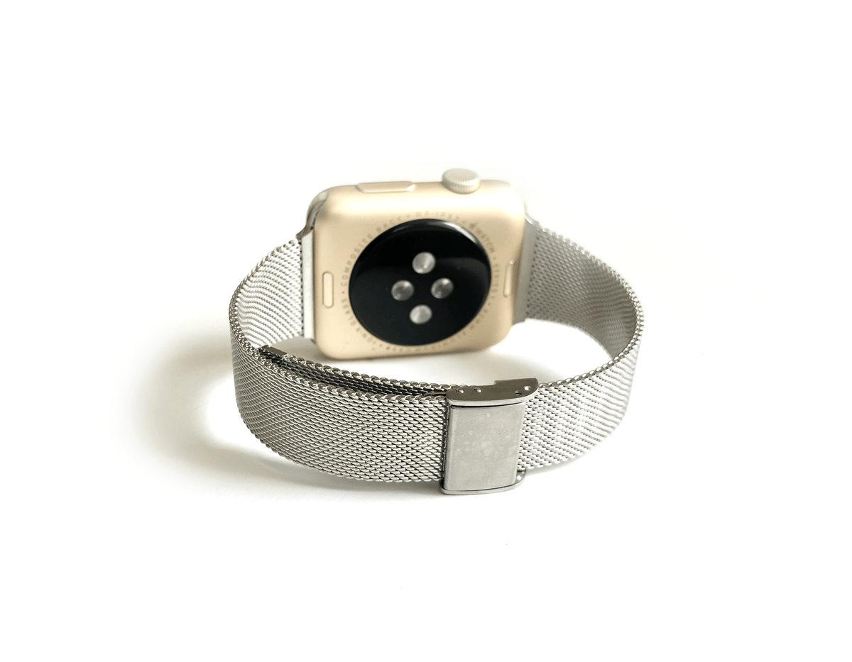 Stainless Steel Mesh Apple Watch Band. Made narrow for a more feminine look. Fits wrist sizes 5.5"-7.5" One size connector fits Apple watch sizes 38mm/40mm/42mm & 44mm Available in Gold, Rose Gold, and Silver