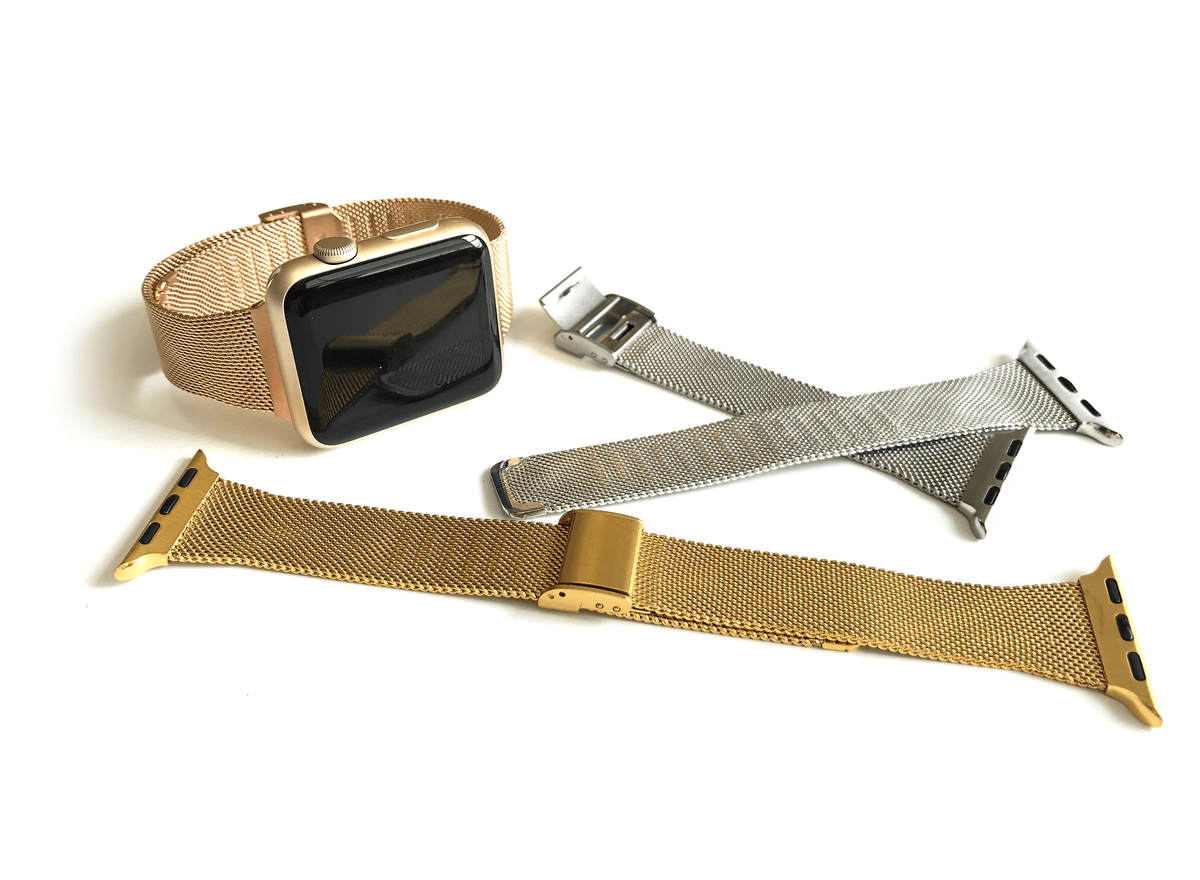 Stainless Steel Mesh Apple Watch Band. Made narrow for a more feminine look. Fits wrist sizes 5.5"-7.5" One size connector fits Apple watch sizes 38mm/40mm/42mm & 44mm Available in Gold, Rose Gold, and Silver