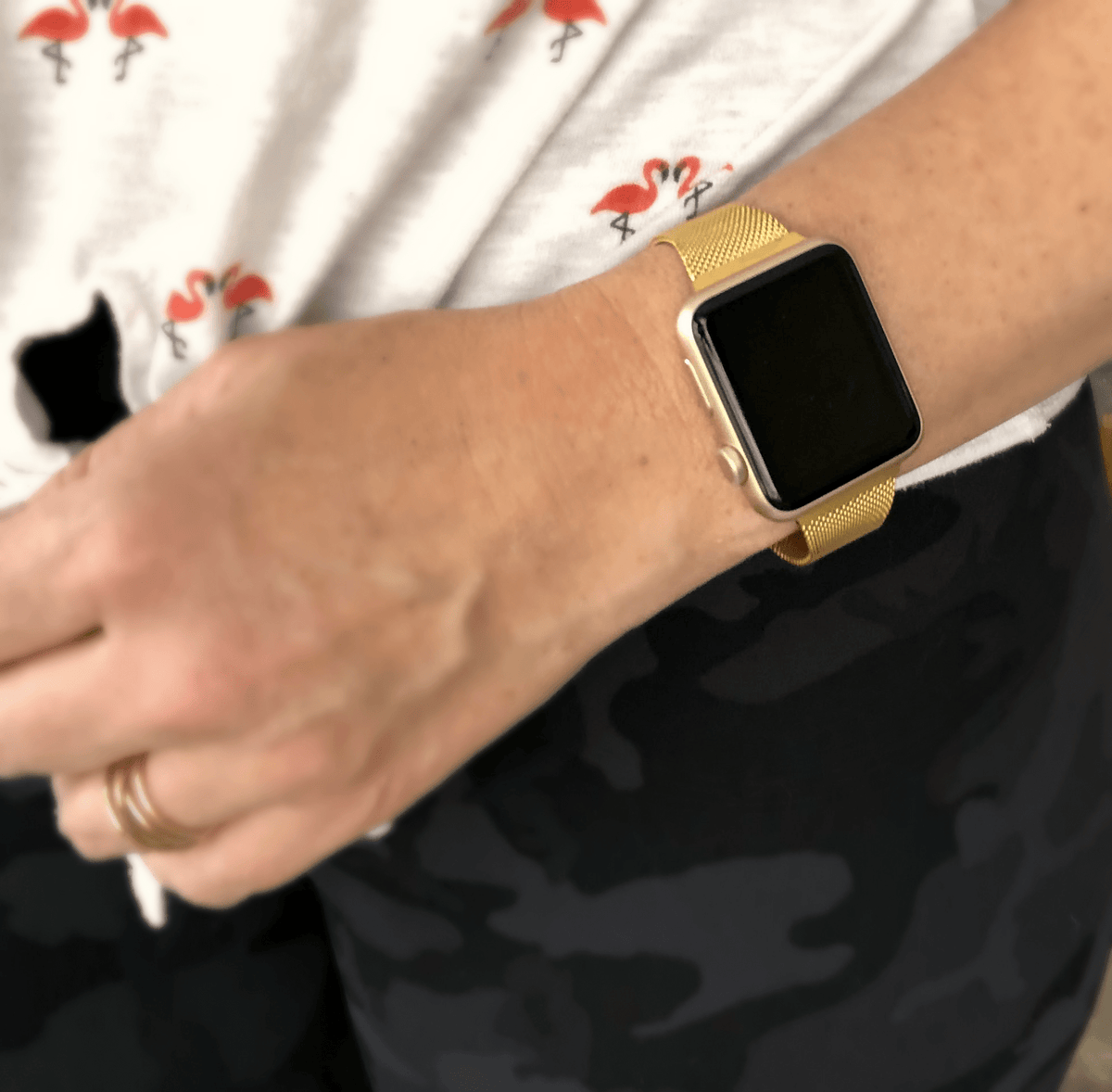 Stainless Steel Mesh Apple Watch Band. Made narrow for a more feminine look. Fits wrist sizes 5.5"-7.5" One size connector fits Apple watch sizes 38mm/40mm/42mm & 44mm Available in Gold, Rose Gold, and Silver