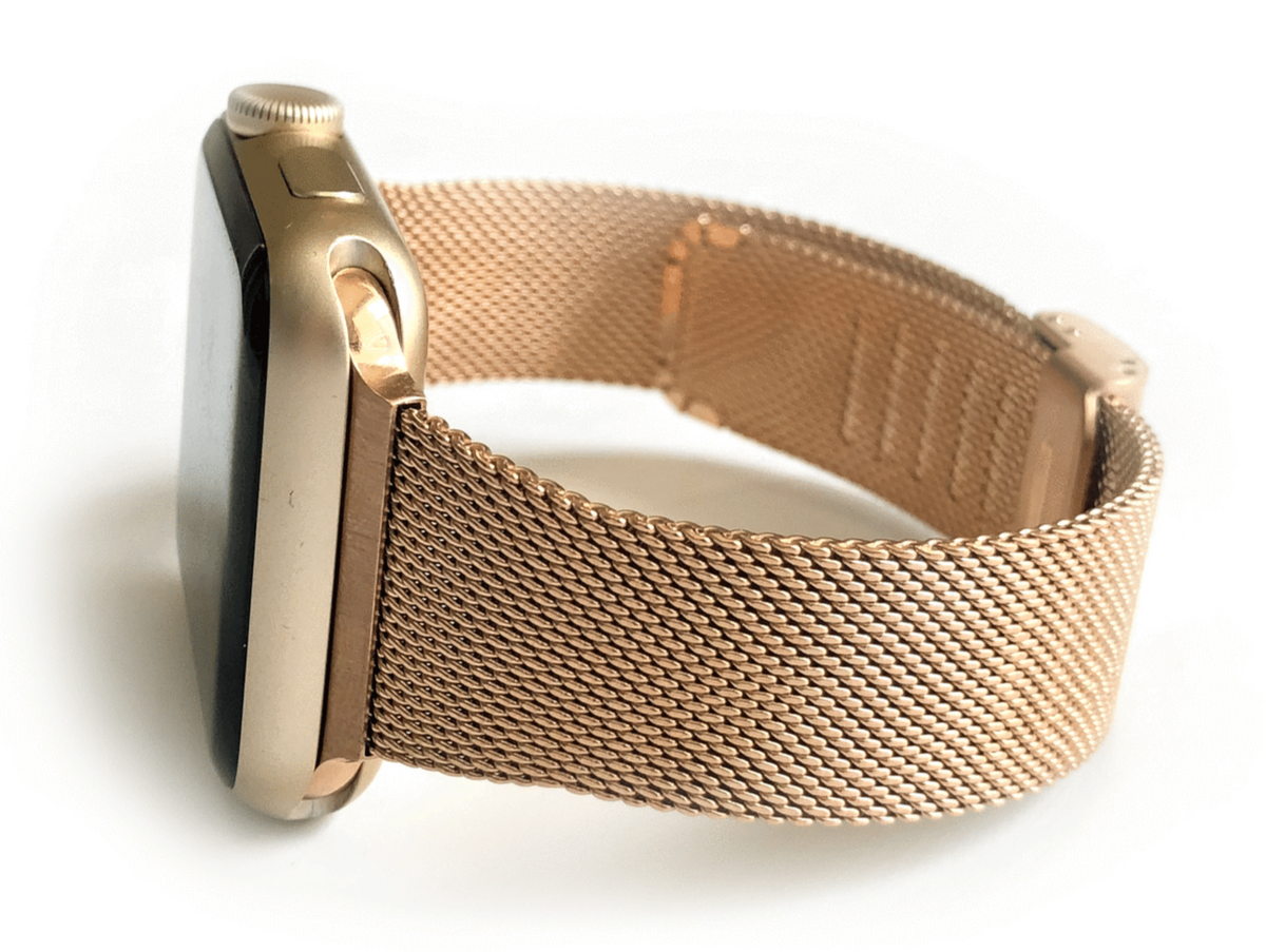 Stainless Steel Mesh Apple Watch Band. Made narrow for a more feminine look. Fits wrist sizes 5.5"-7.5" One size connector fits Apple watch sizes 38mm/40mm/42mm & 44mm Available in Gold, Rose Gold, and Silver