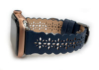 Leathered Lace, Navy Laser Cut Leather Watch Band for Apple Watch