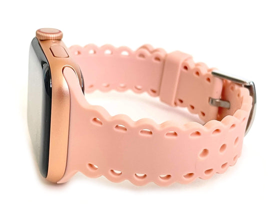 Scalloped silicone Apple Watch bands. These fit all series of Apple Watch band and fit in both sizes of Apple Watch. Silicone Stainless steel buckle closure fits wrist size 5.5"-6.5" Available in 38/40mm and 42/44mm Fits apple watch 1-6 and SE Please measure your wrist size before purchasing.  Comes in four colors: pink, black, white leopard, and feather tie dye