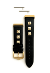 Beautiful black top grain genuine leather studded watch band. This watch band features a stainless steel buckle and is adorned with three metal studs on each side. Stud color choices include Silver, Gold, and Rose Gold. Studs are square shaped and slightly raised in the center giving them a pyramid shape. This watch band features a quick release spring bar and is a perfect fit for the Fitbit Versa watch.