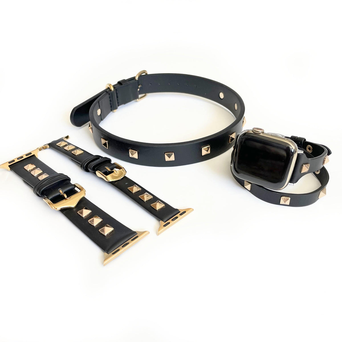 The Rockstar Dog Collar, Black Leather with Gold, Silver, or Rose Gold Studs