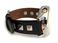 Beautiful black top grain genuine leather studded watch band. This watch band features a stainless steel buckle and is adorned with three metal studs on each side. Stud color choices include Silver, Gold, and Rose Gold. Studs are square shaped and slightly raised in the center giving them a pyramid shape. This watch band features a quick release spring bar and is a perfect fit for the Samsung watch. 