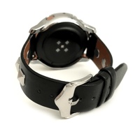 Beautiful black top grain genuine leather studded watch band. This watch band features a stainless steel buckle and is adorned with three metal studs on each side. Stud color choices include Silver, Gold, and Rose Gold. Studs are square shaped and slightly raised in the center giving them a pyramid shape. This watch band features a quick release spring bar and is a perfect fit for the Samsung watch. 