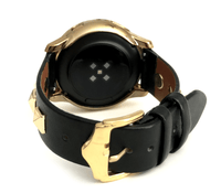 Beautiful black top grain genuine leather studded watch band. This watch band features a stainless steel buckle and is adorned with three metal studs on each side. Stud color choices include Silver, Gold, and Rose Gold. Studs are square shaped and slightly raised in the center giving them a pyramid shape. This watch band features a quick release spring bar and is a perfect fit for the Samsung watch. 