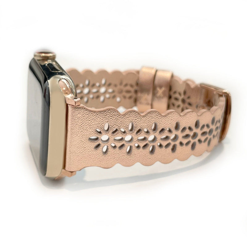 Leathered Lace, Silver Laser Cut Leather Watch Band for Apple Watch