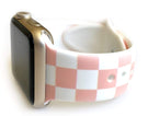 This sporty PINK and white checkerboard silicone apple watch band is the must have band of the season! Looks great on men, women and children. Sizes: Small/Medium will fit wrist size 5”-7.5” Medium/Large will fit wrist sizes 6”-8.25”