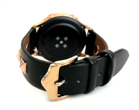 Beautiful black top grain genuine leather studded watch band. This watch band features a stainless steel buckle and is adorned with three metal studs on each side. Stud color choices include Silver, Gold, and Rose Gold. Studs are square shaped and slightly raised in the center giving them a pyramid shape. This watch band features a quick release spring bar and is a perfect fit for the Samsung Watch.