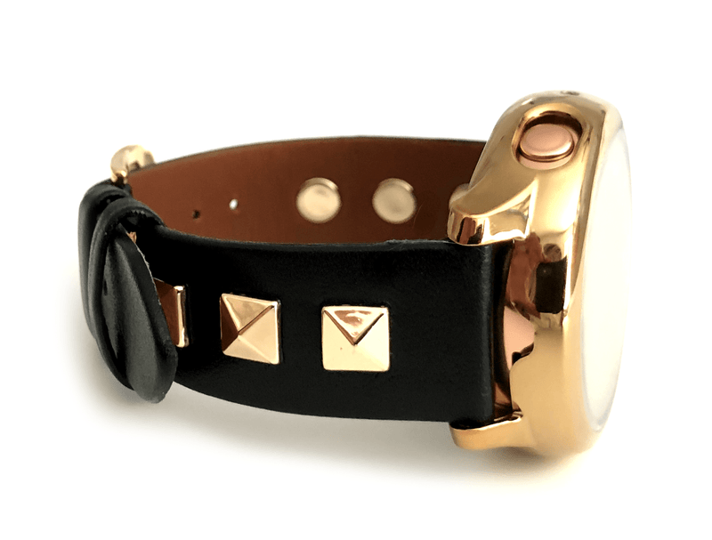 Beautiful black top grain genuine leather studded watch band. This watch band features a stainless steel buckle and is adorned with three metal studs on each side. Stud color choices include Silver, Gold, and Rose Gold. Studs are square shaped and slightly raised in the center giving them a pyramid shape. This watch band features a quick release spring bar and is a perfect fit for the Samsung Watch.