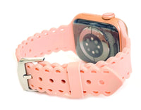 Scalloped silicone Apple Watch bands. These fit all series of Apple Watch band and fit in both sizes of Apple Watch. Silicone Stainless steel buckle closure fits wrist size 5.5"-6.5" Available in 38/40mm and 42/44mm Fits apple watch 1-6 and SE Please measure your wrist size before purchasing.  Comes in four colors: pink, black, white leopard, and feather tie dye