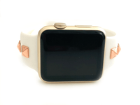 Studded silicone Apple Watch bands. These fit all series of Apple Watch band and fit in both sizes of Apple Watch.  Sizing: S/M : fits 4” up to 7” M/L: fits 6" up to 8"  Colors include: black w/ gold, black w/ silver, black w/ rose gold, pink w/ gold,  white w/ rose gold, mint w/ gold Please measure your wrist size before purchasing.