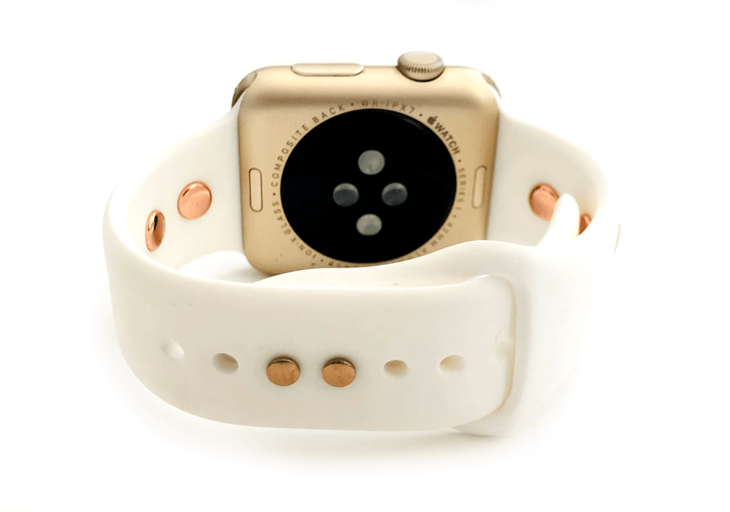 Studded silicone Apple Watch bands. These fit all series of Apple Watch band and fit in both sizes of Apple Watch.  Sizing: S/M : fits 4” up to 7” M/L: fits 6" up to 8"  Colors include: black w/ gold, black w/ silver, black w/ rose gold, pink w/ gold,  white w/ rose gold, mint w/ gold Please measure your wrist size before purchasing.