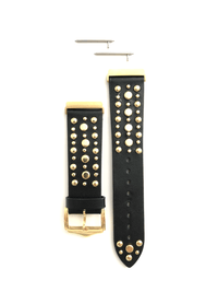 Beautiful black top grain genuine leather studded watch band. This watch band features a stainless steel buckle and is adorned with several flat circular metal studs on each side. Stud color choices include Silver, Gold, and Rose Gold. This watch band features a quick release spring bar and is a perfect fit for the Fitbit Versa watch.