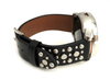 Beautiful black top grain genuine leather studded watch band. This watch band features a stainless steel buckle and is adorned with several flat circular metal studs on each side. Stud color choices include Silver, Gold, and Rose Gold. This watch band features a quick release spring bar and is a perfect fit for the Samsung watch. 