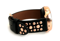 Beautiful black top grain genuine leather studded watch band. This watch band features a stainless steel buckle and is adorned with several flat circular metal studs on each side. Stud color choices include Silver, Gold, and Rose Gold. This watch band features a quick release spring bar and is a perfect fit for the Samsung watch. 