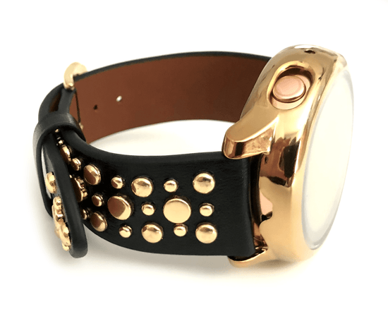 Beautiful black top grain genuine leather studded watch band. This watch band features a stainless steel buckle and is adorned with several flat circular metal studs on each side. Stud color choices include Silver, Gold, and Rose Gold. This watch band features a quick release spring bar and is a perfect fit for the Samsung watch. 