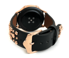 Beautiful black top grain genuine leather studded watch band. This watch band features a stainless steel buckle and is adorned with several flat circular metal studs on each side. Stud color choices include Silver, Gold, and Rose Gold. This watch band features a quick release spring bar and is a perfect fit for the Samsung watch. 