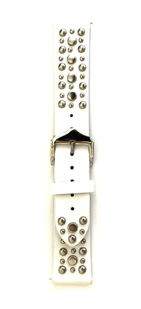 Beautiful WHITE top grain genuine LEATHER STUDDED watch band. This watch band features a stainless steel buckle and is adorned with several flat circular metal studs on each side. Stud color choices include Silver, Gold, and Rose Gold. This watch band features a quick release spring bar and is a perfect fit for the Samsung watch. 