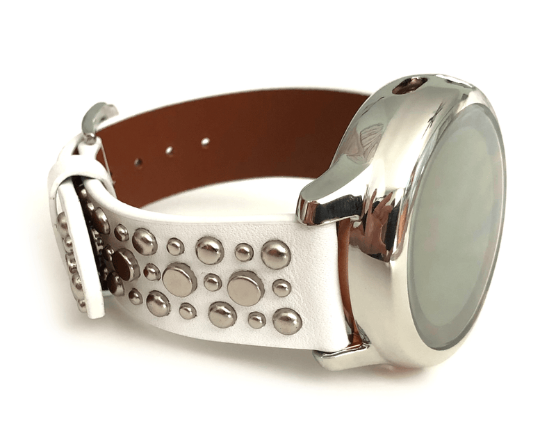 Beautiful WHITE top grain genuine LEATHER STUDDED watch band. This watch band features a stainless steel buckle and is adorned with several flat circular metal studs on each side. Stud color choices include Silver, Gold, and Rose Gold. This watch band features a quick release spring bar and is a perfect fit for the Samsung watch. 