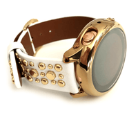 Beautiful WHITE top grain genuine LEATHER STUDDED watch band. This watch band features a stainless steel buckle and is adorned with several flat circular metal studs on each side. Stud color choices include Silver, Gold, and Rose Gold. This watch band features a quick release spring bar and is a perfect fit for the Samsung watch. 