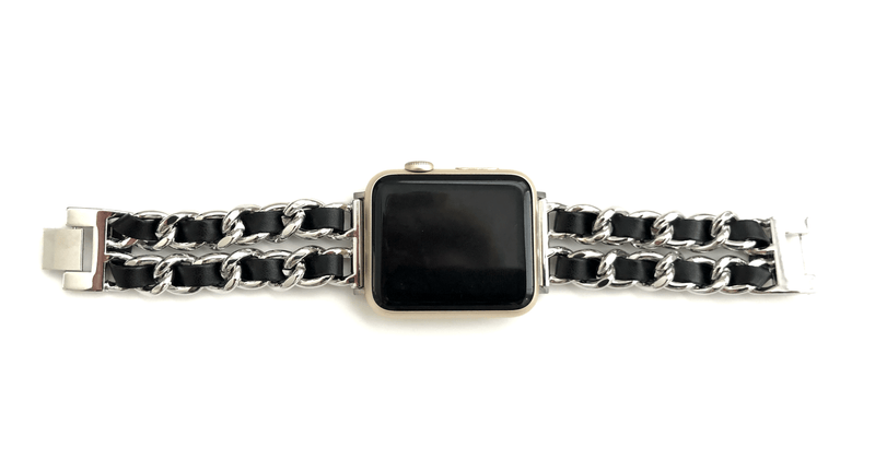 The Designer Apple Watch Band consists of soft leather woven through hypo-allergenic stainless steel chains give us all 'The Designer' feels possible! Available in 6 colors Fits wrist Sizes: 5.5"- 7.5"