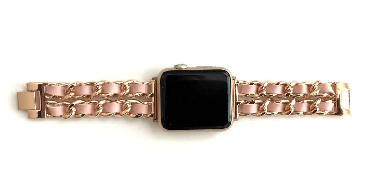 The Designer Apple Watch Band consists of soft leather woven through hypo-allergenic stainless steel chains give us all 'The Designer' feels possible! Available in 6 colors Fits wrist Sizes: 5.5"- 7.5"