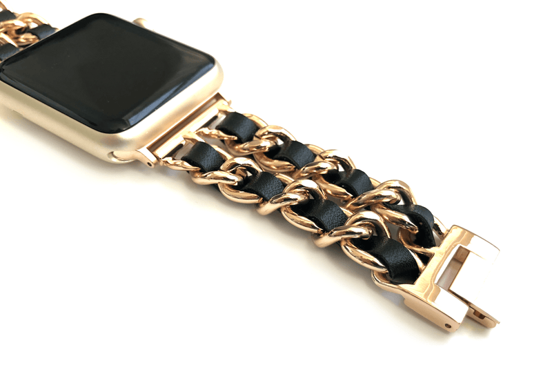 The Designer Apple Watch Band consists of soft leather woven through hypo-allergenic stainless steel chains give us all 'The Designer' feels possible! Available in 6 colors Fits wrist Sizes: 5.5"- 7.5"