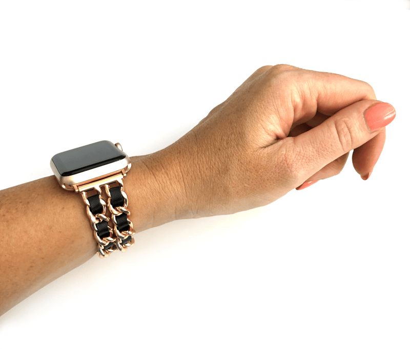 The Designer Apple Watch Band consists of soft leather woven through hypo-allergenic stainless steel chains give us all 'The Designer' feels possible! Available in 6 colors Fits wrist Sizes: 5.5"- 7.5"