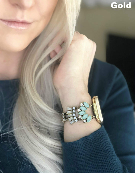 Rose Gold jeweled apple watch band with mint, clear, opal and amber glass crystals. All crystals paced in an unique 1920 inspired pattern that lead to size adjustable clasps. This beautiful band fits all series of apple watches in sizes 38mm, 40mm, 42mm, and 44mm